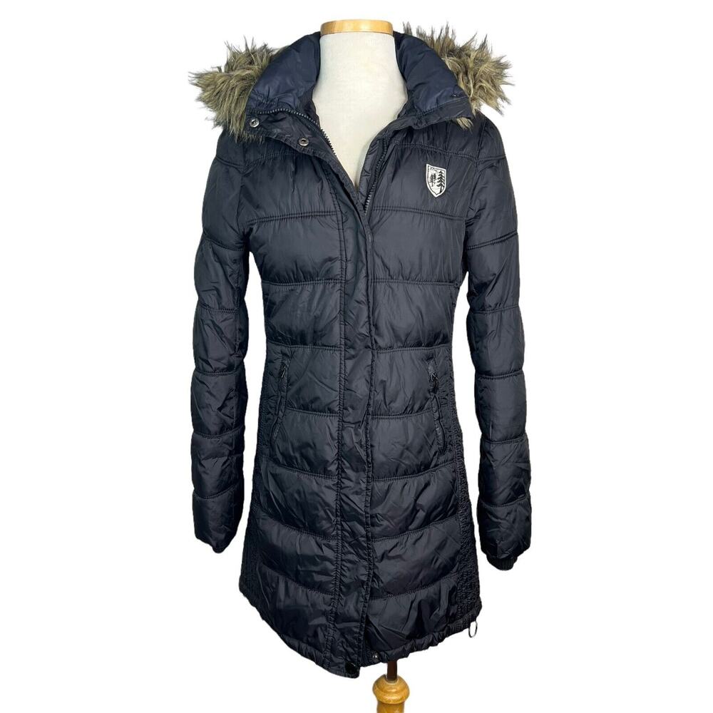 American Eagle AE Faux Fur Trim Hood Quilted Puffer Jacket Coat Black Medium